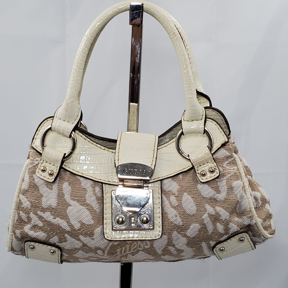 Vintage Y2K era Guess Leopard Jacquard Croc Sm Satchel Shoulder Bag Lock 11241